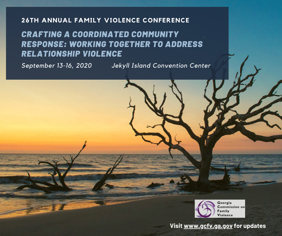 An image of a tree on the beach in Jekyll Island at sunset. Text shares save the date information on the 26th Annual Family Violence Conference in Jekyll Island September 13-16, 2020.