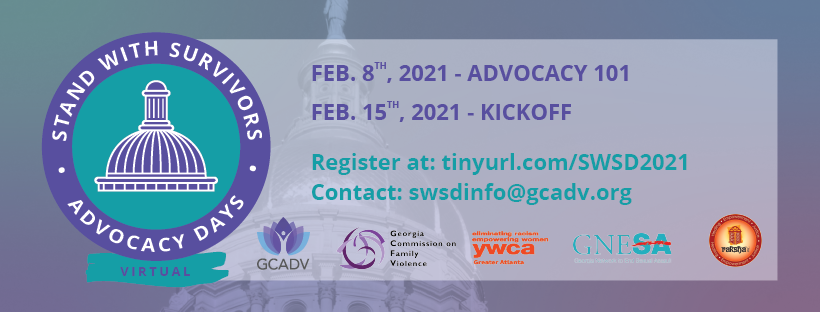 Banner contains the Stand With Survivors Day logo, sponsor logos, registration link and email for contact, along with text: February 8th Advocacy 101, and February 15th Kickoff