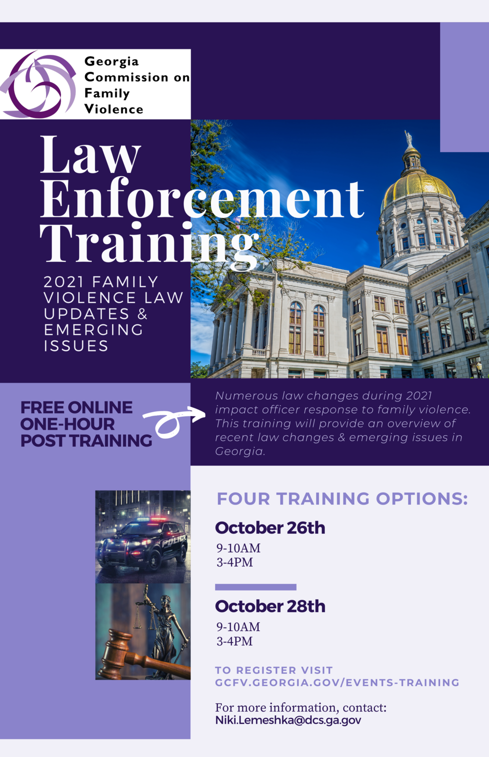 Image is of training flier, purple blocks surround photos of Georgia Capitol building, a police car, and the scales of justice