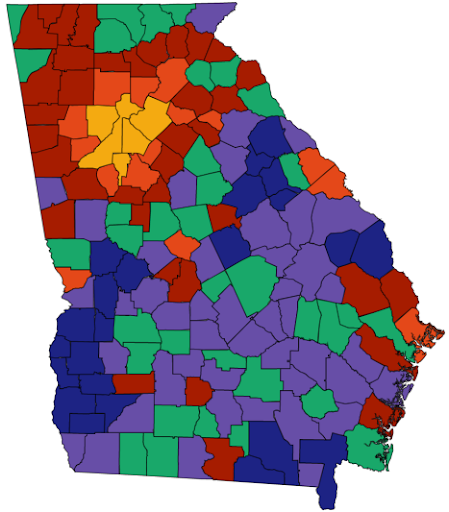 A brightly colored map of Georgia which contains counties shaded in one of six colors
