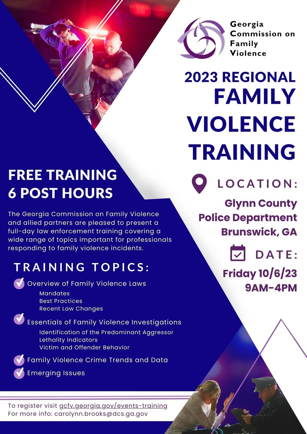 Images include a male being arrested by a police officer and a woman being interviewed by an officer. Wording is present describing the training.