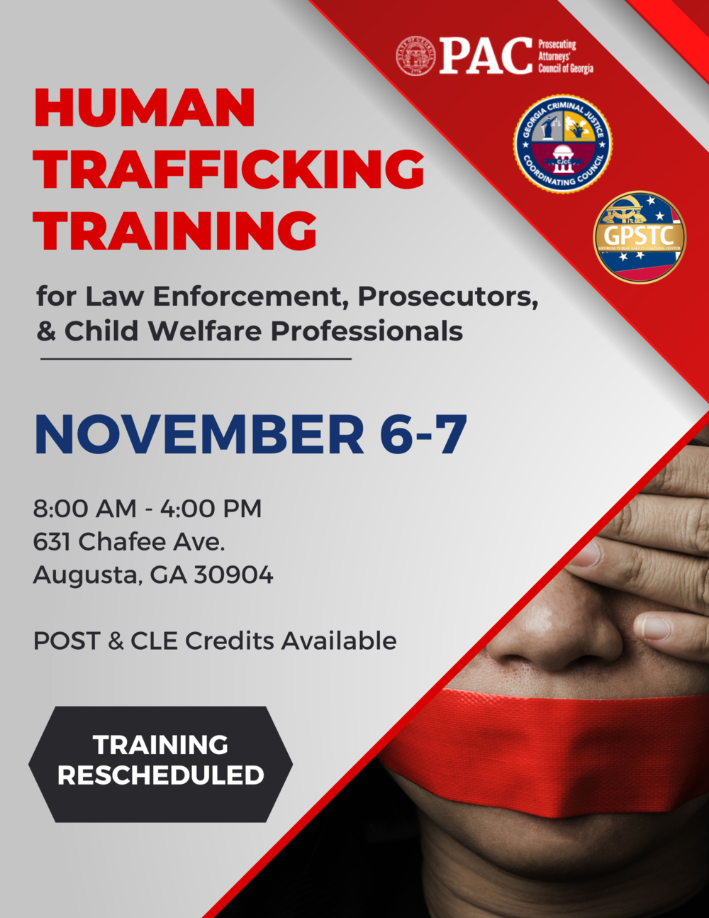 An image of the training flier features a person with their mouth taped shut and their eyes covered.