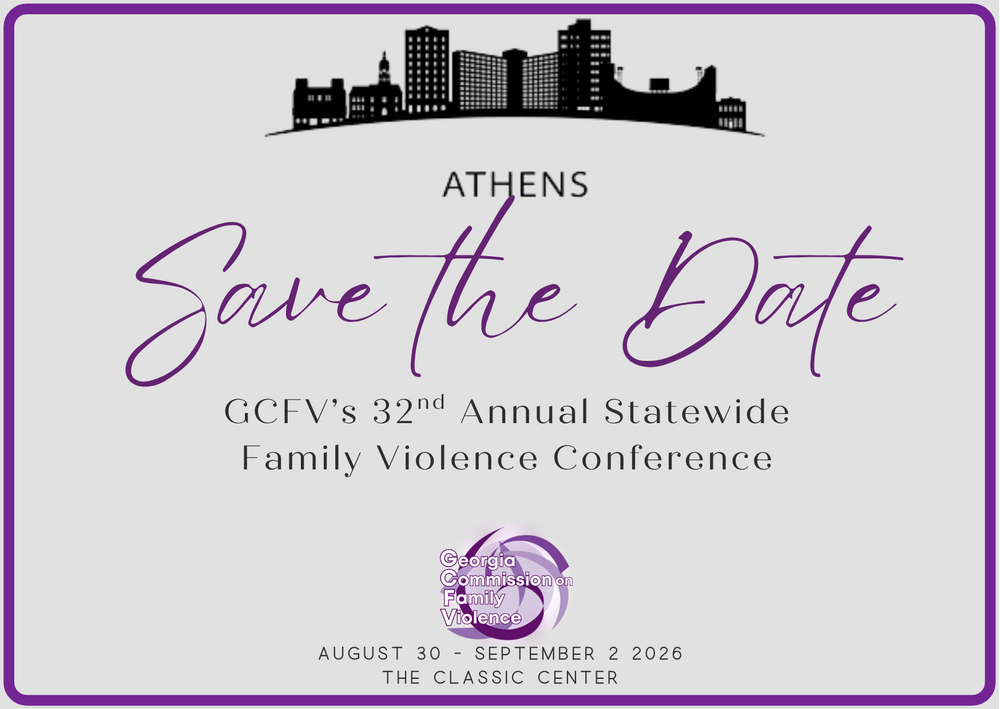 picture with purple writing and a skyline image that says save the date