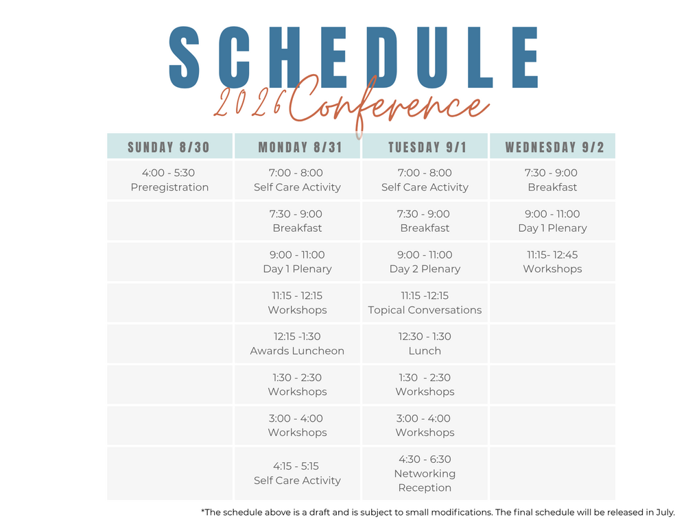 Table with dates and times detailing the conference schedule