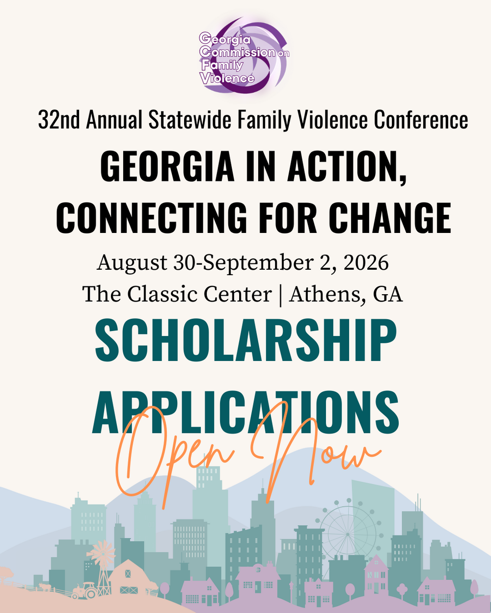 image with georgia skyline border and language announcing that conference scholarships are now open
