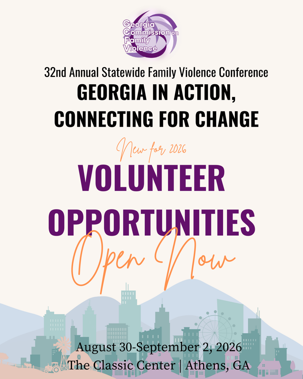 white image with a skyline background and text of New for 2026 Volunteer Opportunities