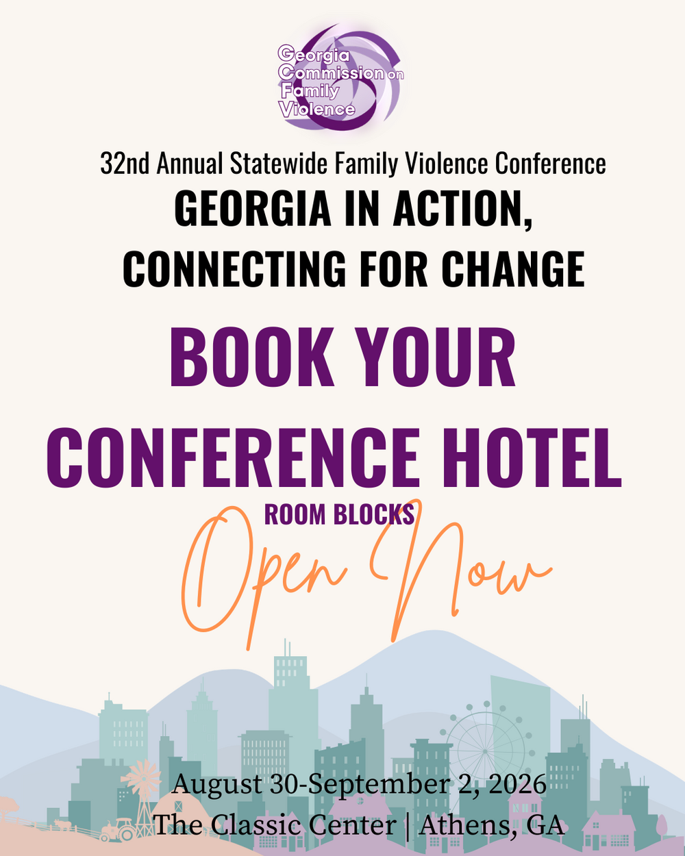 an image with the georgia skyline announcing that hotel room reservations are now open