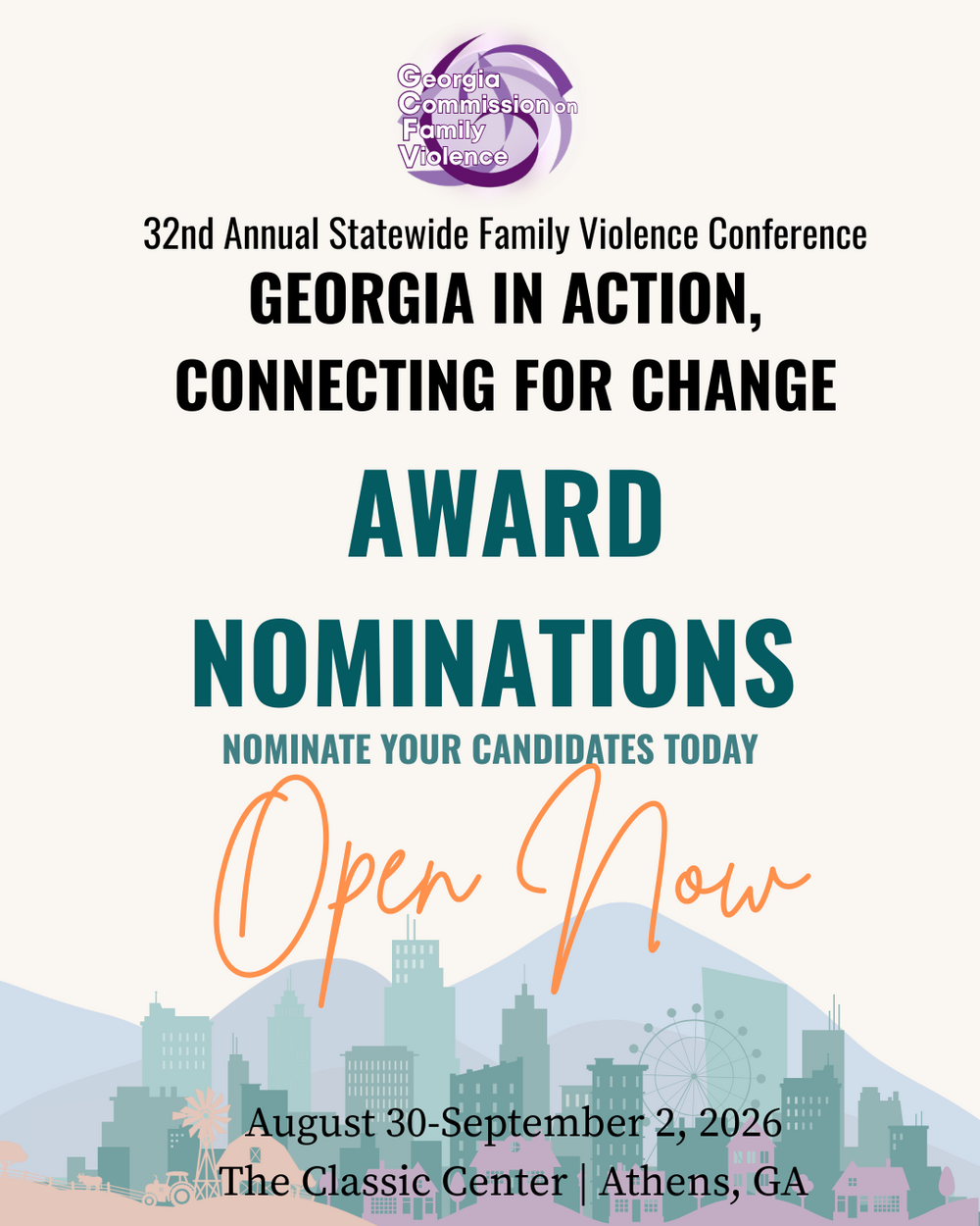 a notice on a white background announcing that conference award nominations are now open